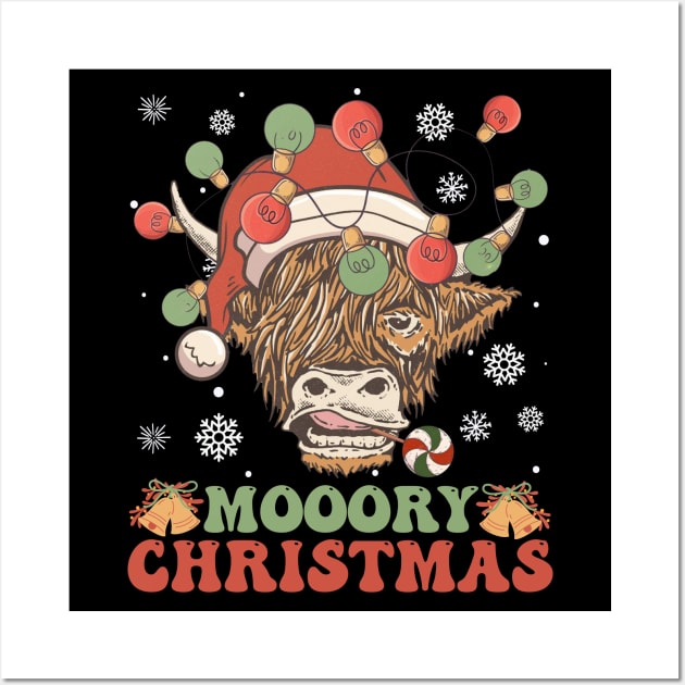 Scottish Highland Cow With Santa Hat Funny Moory Christmas Wall Art by DenverSlade